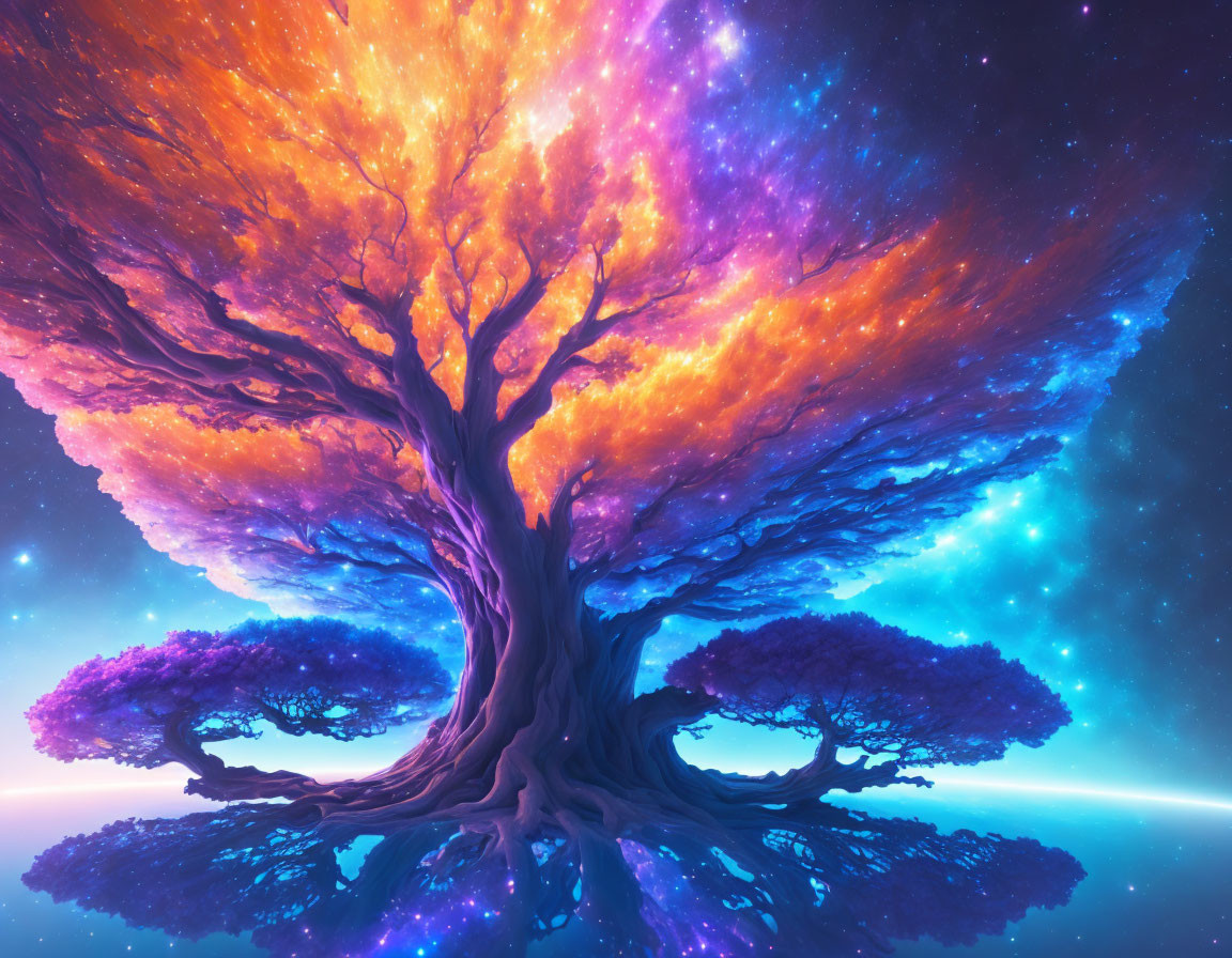 Cosmic tree with fiery orange foliage in starry nebula sky