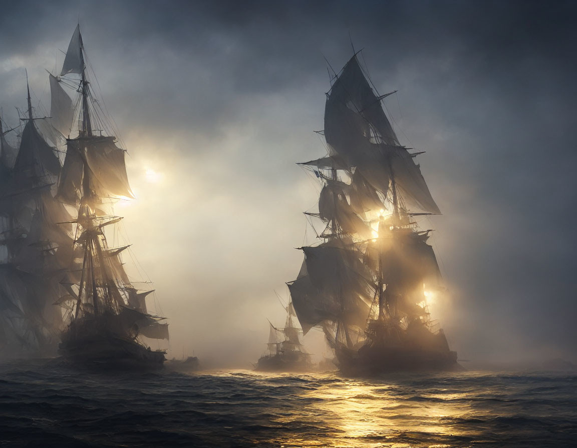 Tall Ships with Illuminated Sails in Misty, Dimly Lit Sea