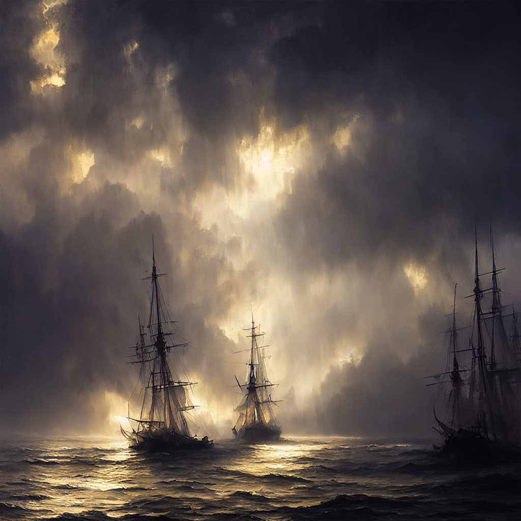 Sailing ships on tumultuous sea under dramatic sky