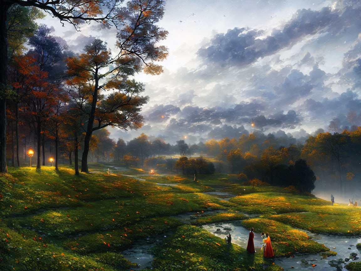 Tranquil autumn park scene: glowing lamps, meandering stream, fallen leaves, two figures in