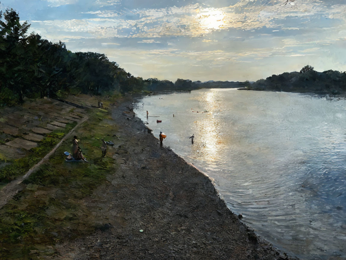 Tranquil riverside sunset with people in lush setting