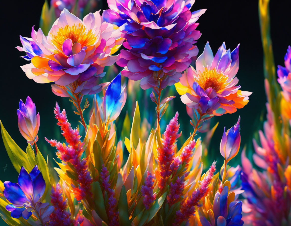 Colorful Flowers in Purple, Pink, Yellow, and Blue on Dark Background