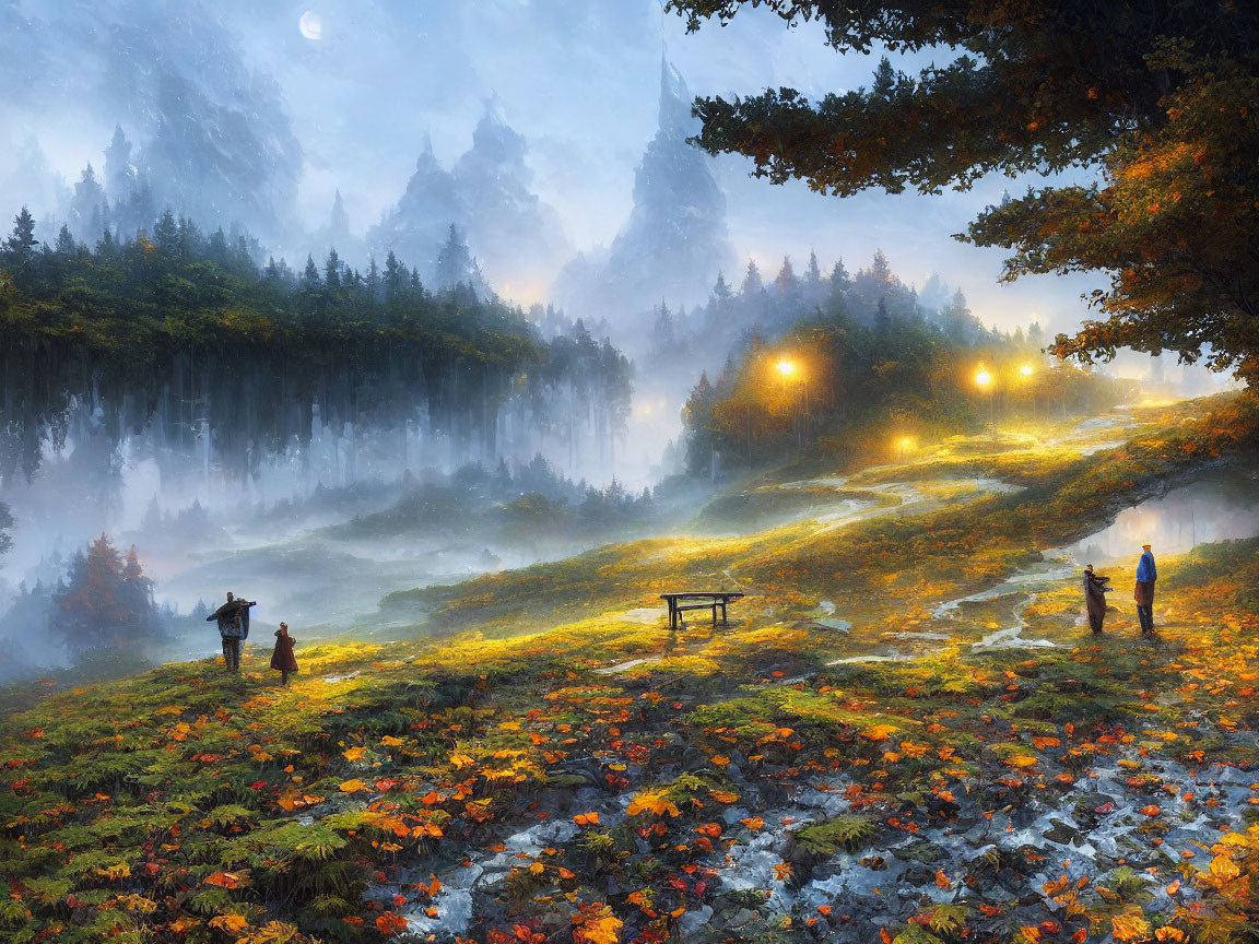 Tranquil forest sunrise with mist, lantern-lit path, autumn leaves, and serene figures