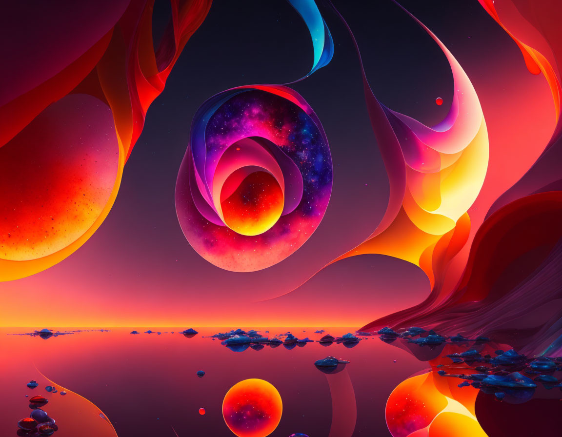 Abstract swirls with cosmic textures over red and blue landscape