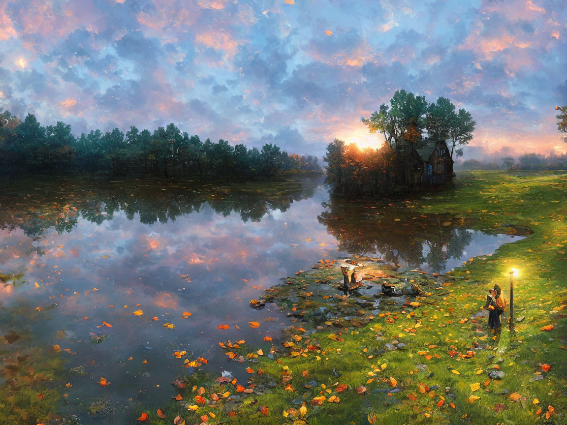 Tranquil sunset over reflective lake with cottage, trees, colorful clouds, and two people.