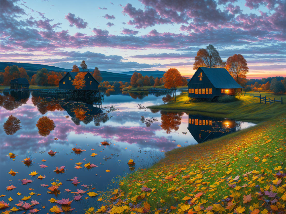 Tranquil autumn waterfront with illuminated houses, mirrored lake, fallen leaves, and vibrant sunset.