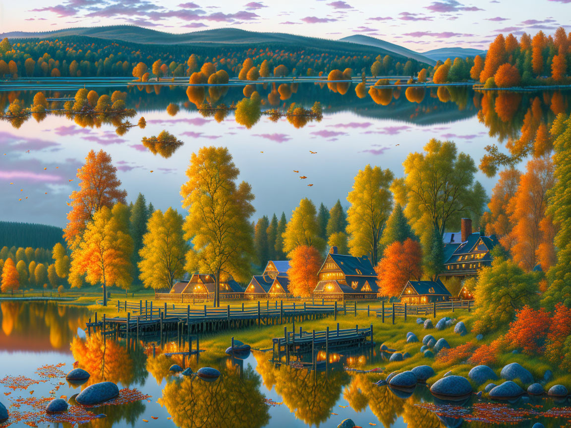 Autumn Lakeside Scene with Colorful Trees, Cozy Houses, Pier, and Rocks