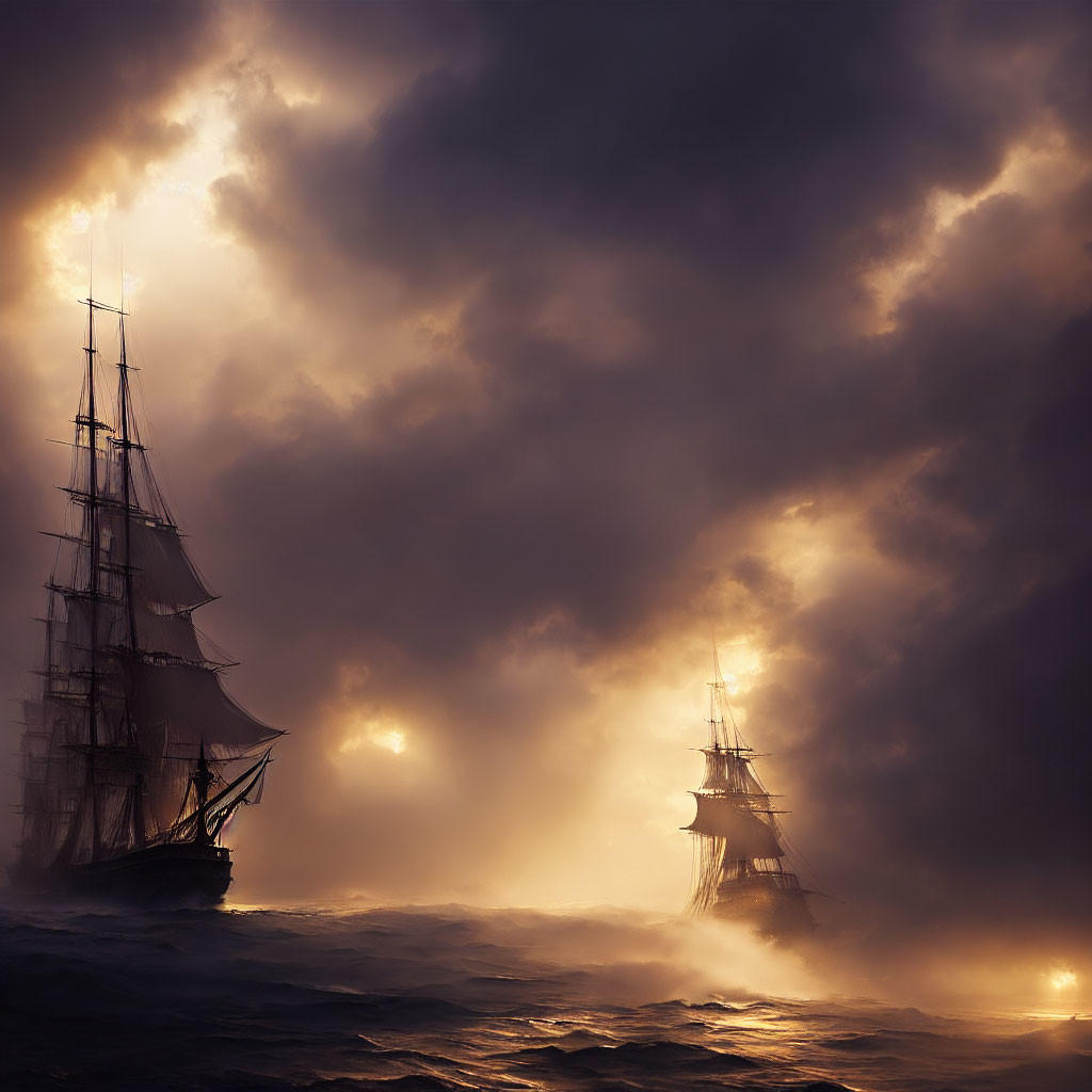 Tall ships sailing through stormy seas under sunlight and dark clouds