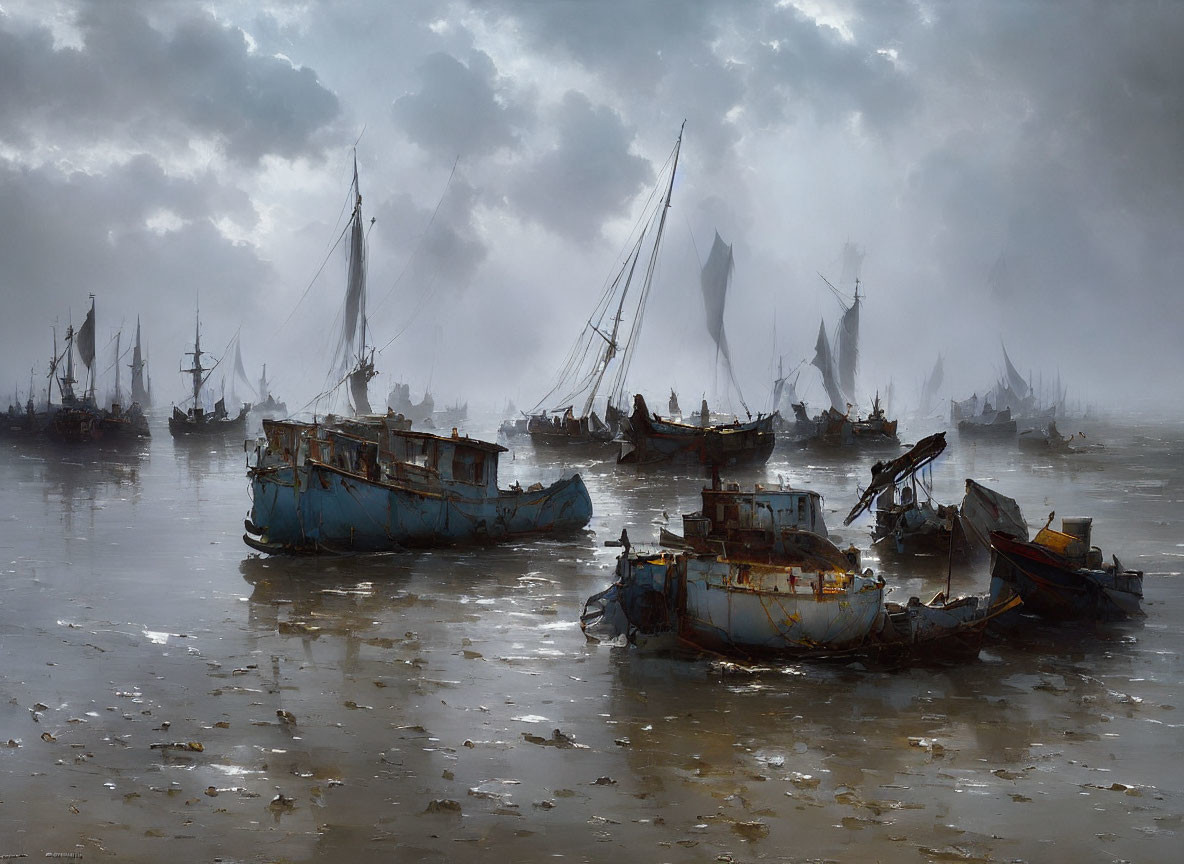 Rusted boats on muddy shore with sailing ships in misty background