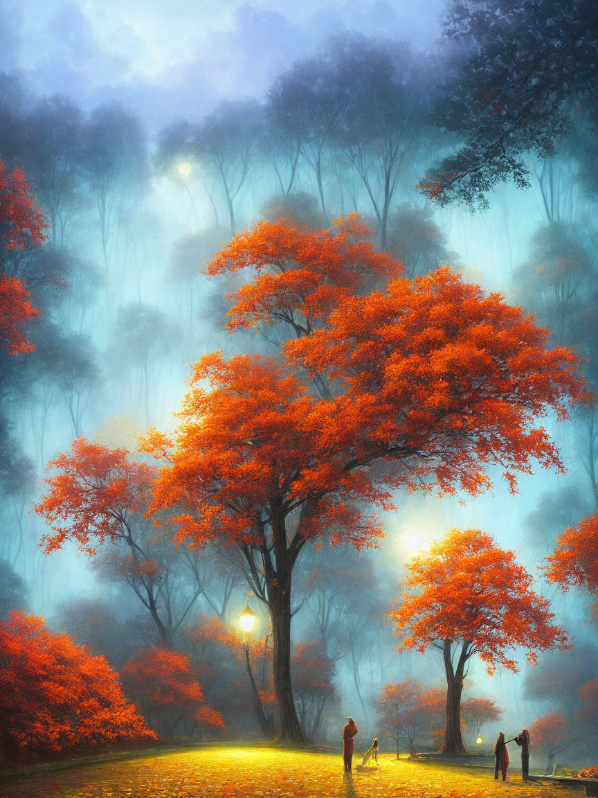 Orange tree illuminated by streetlamp in misty blue forest with figures gathering on path