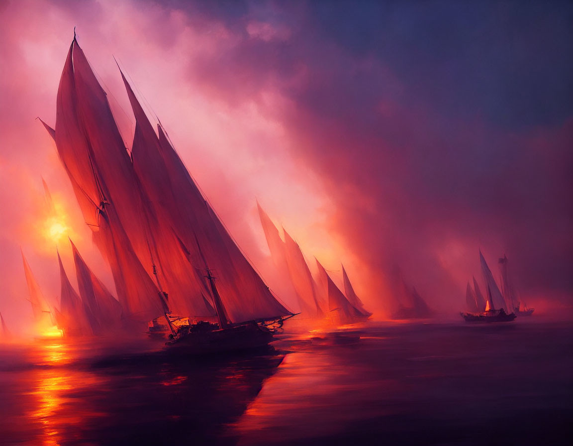 Sailing ships on misty crimson sea under fiery sky