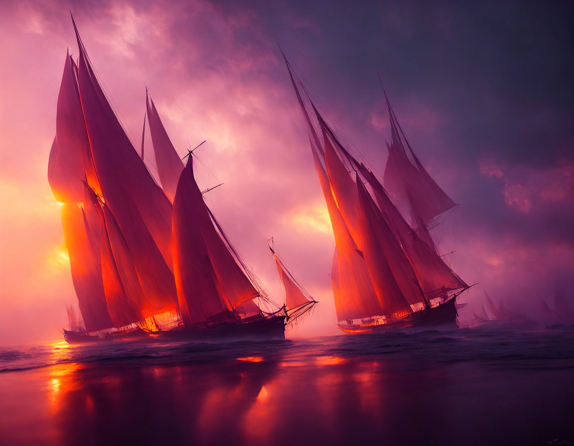 Sailing ships with crimson sails on purple waters at sunset