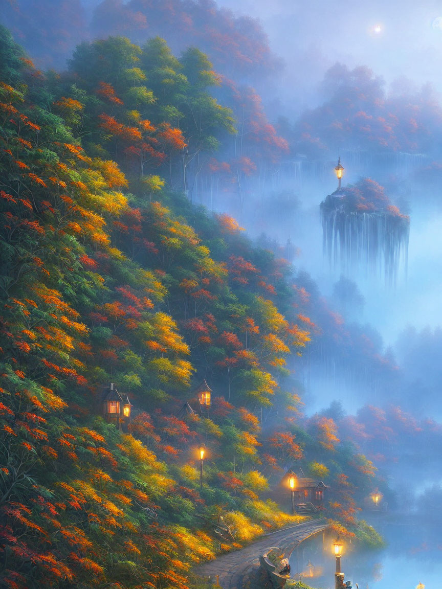 Vibrant autumn forest with lantern-lit pathways and foggy atmosphere