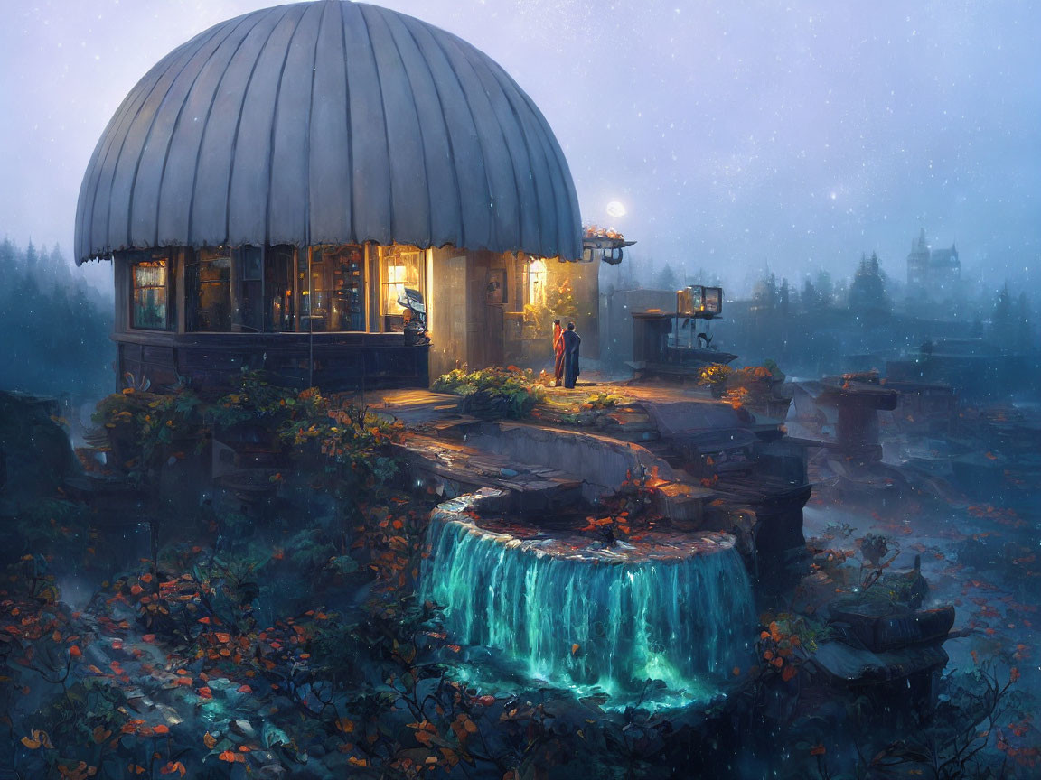 Round house with domed roof by waterfall in autumn twilight.