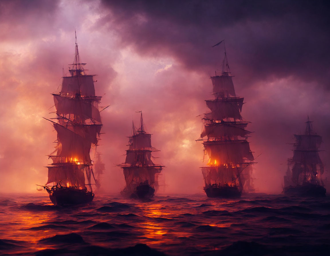 Tall ships with lit lanterns on tumultuous sea under dramatic, cloudy sky