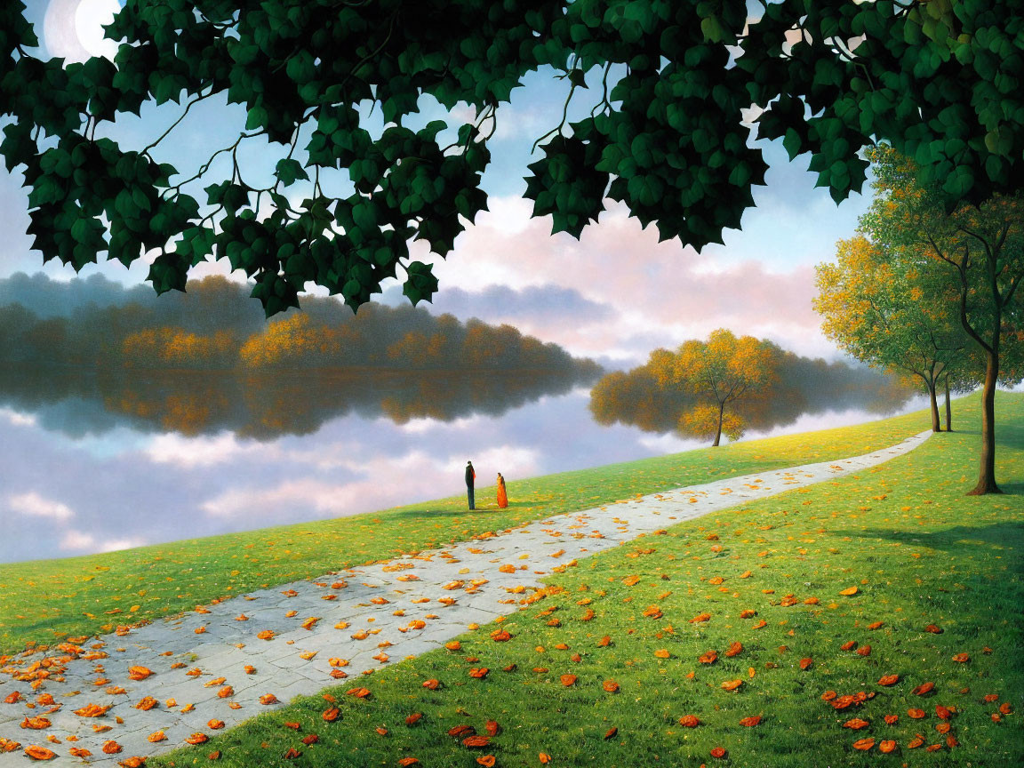 Tranquil park scene: paved path, trees, couple near lake, scattered leaves, hazy