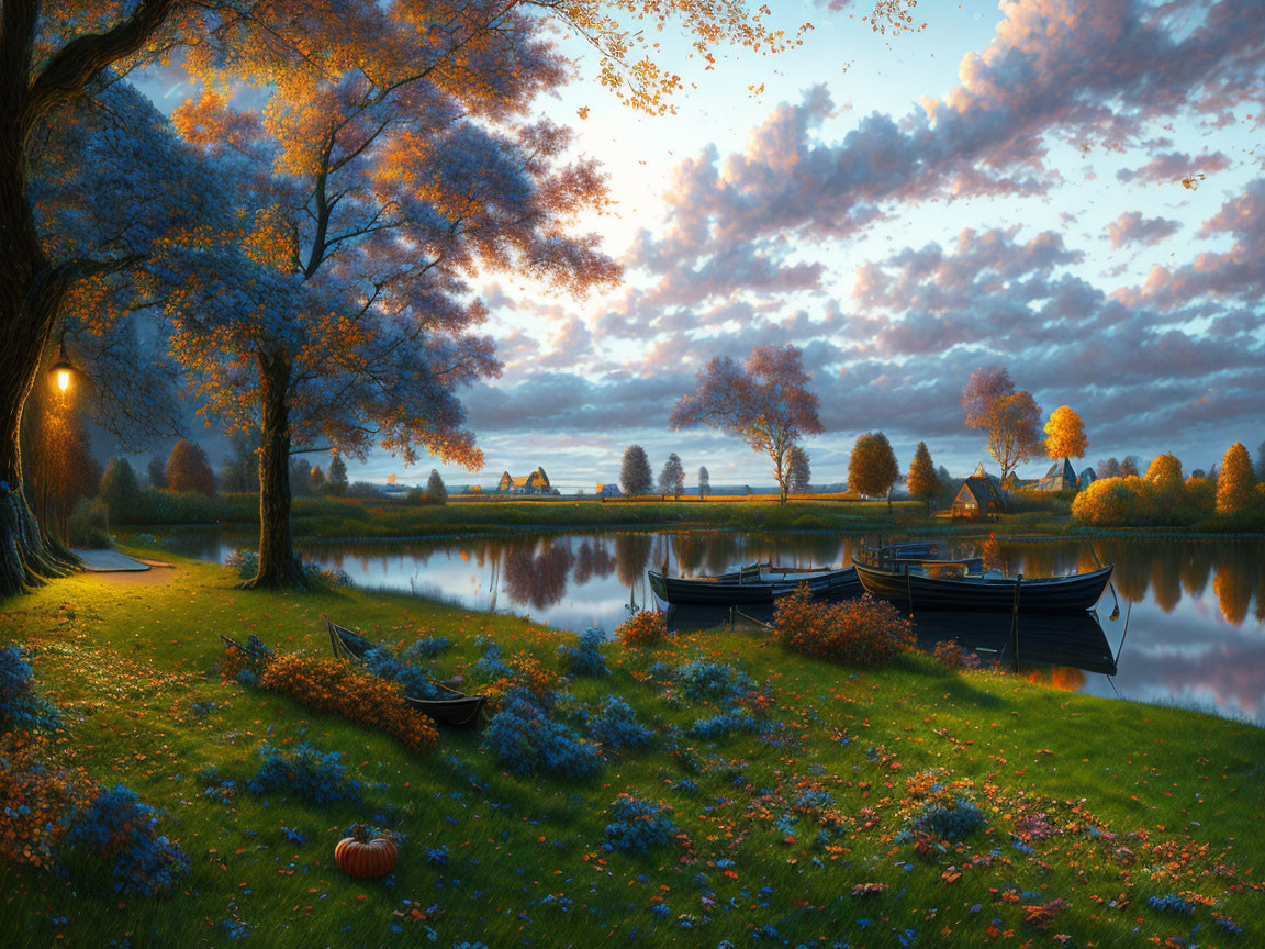 Tranquil Twilight Scene: Lake, Autumn Trees, Lamp Post, Pumpkins, Colorful Sky