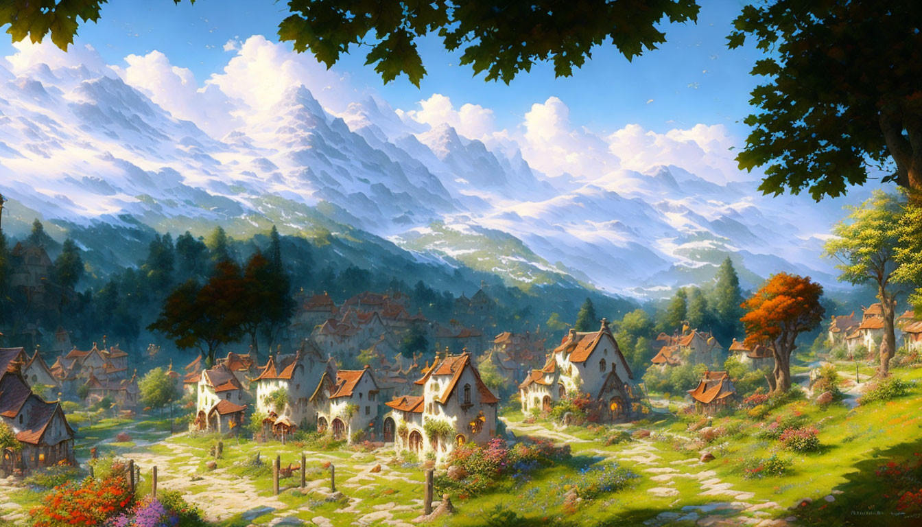 Tranquil fantasy village nestled in lush valley, surrounded by snow-capped mountains