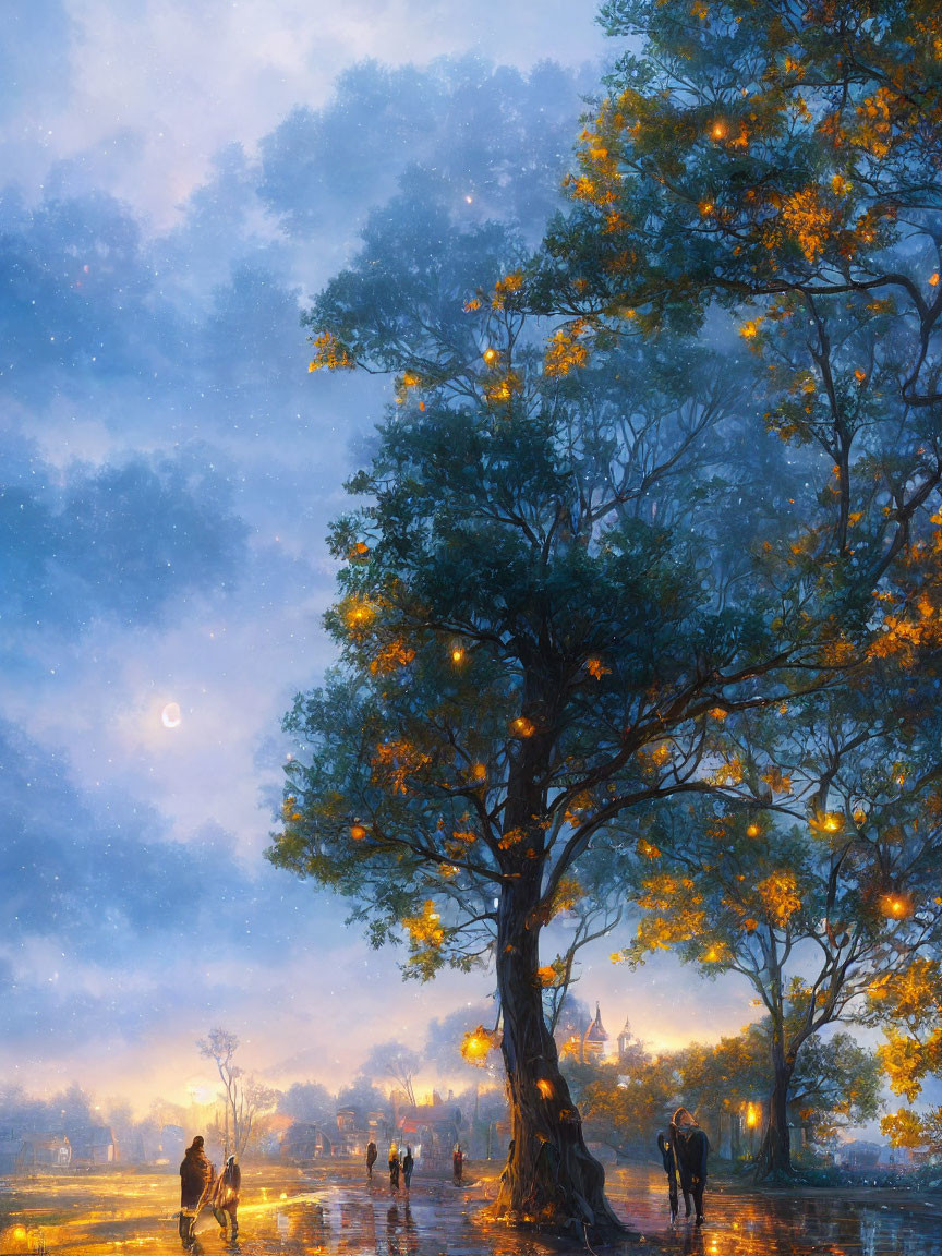 Moonlit street with glistening wet pavement and illuminated trees at twilight.