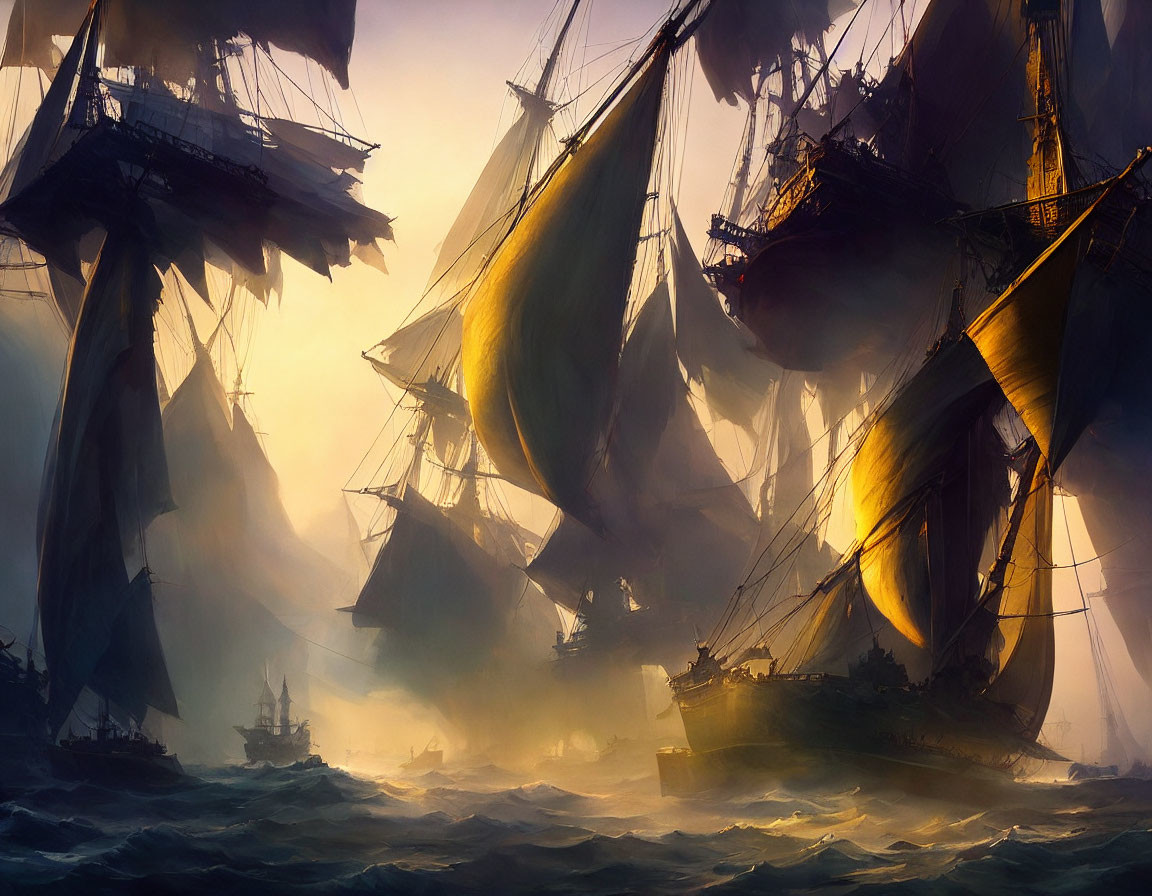 Majestic sailing ships in stormy seas at sunset