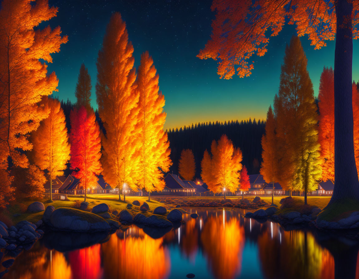 Tranquil autumn landscape: colorful trees mirrored in lake at twilight.