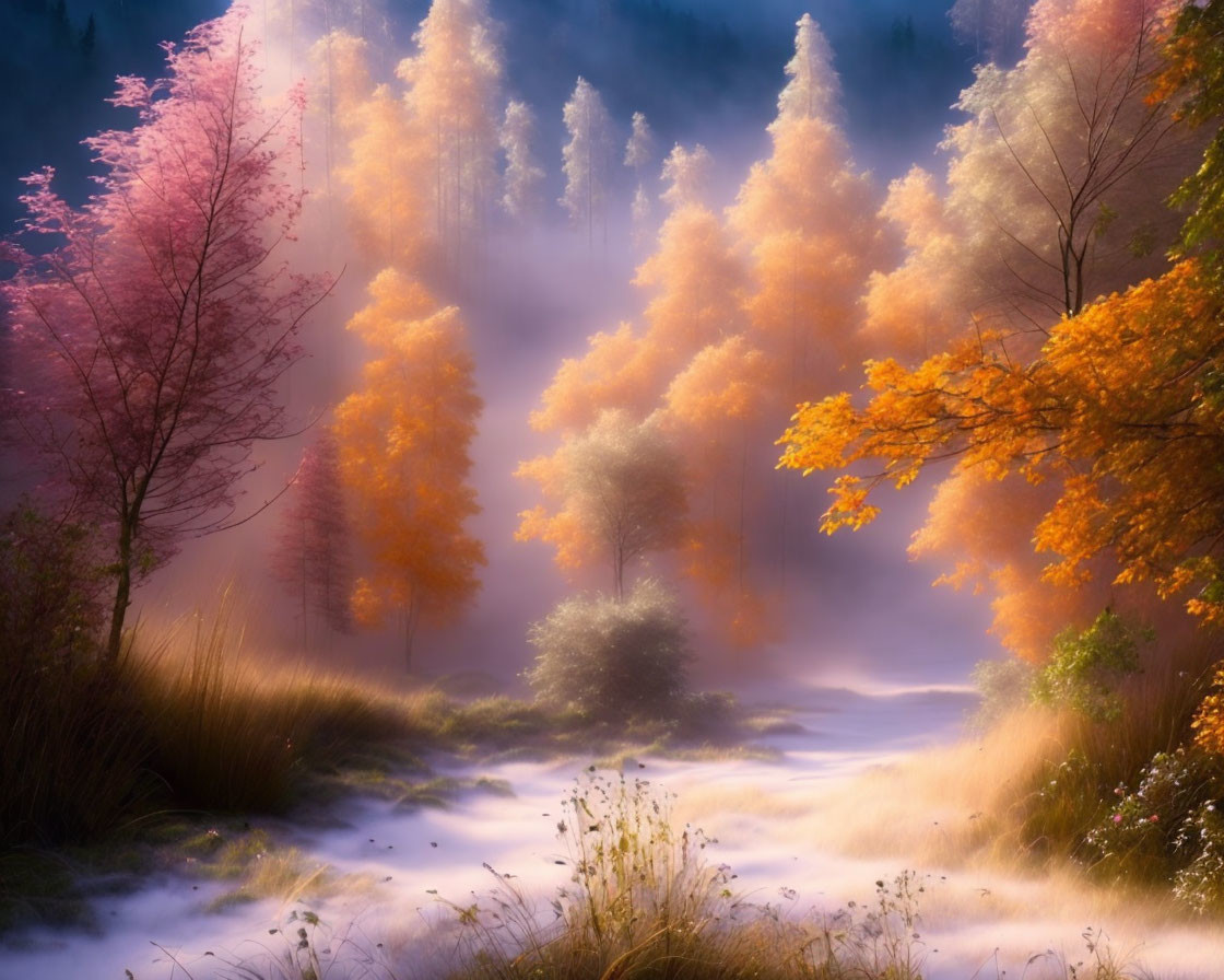 Vibrant red and orange autumn forest with misty sunlight filtering through, creating dreamy atmosphere