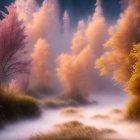 Surreal landscape with swirling rocks, cherry blossom tree, two people, and golden atmosphere.