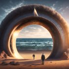 Circular illuminated houses arch over pathway in misty forest at twilight