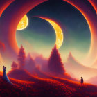 Fantasy landscape with couple under swirling rings and golden moon