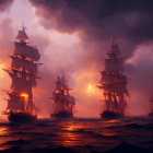 Tall ships sailing in stormy seas under orange sky