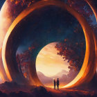 Silhouetted figures under arching tree observe surreal landscape with two planets.