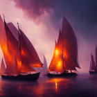 Three tall ships with illuminated sails in misty, purple waters at dusk or dawn.