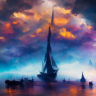 Sailing ships in turbulent seas under dramatic sky