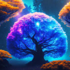 Colorful digital artwork featuring mystical glowing tree, orange mushroom-like trees, and silhouetted figures