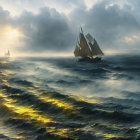 Sailing ships on turbulent seas under stormy sky with sunlight piercing through clouds