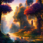 Colorful Fantasy Forest with Glowing Sunset and Reflective River