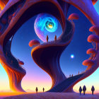 Colorful digital art: People on spiral structure in surreal landscape