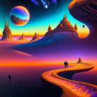 Colorful surreal landscape with boats, sunset, and moon