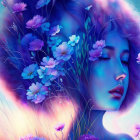 Digital Artwork: Woman with Purple Hair and Floral Background