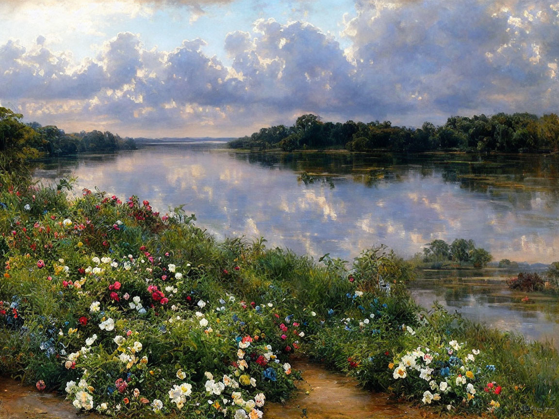 Tranquil landscape with river, greenery, wildflowers, and cloudy sky