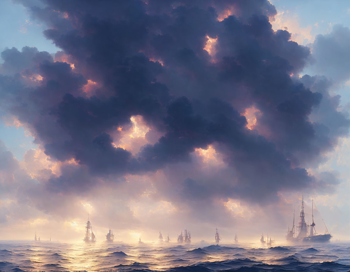 Sailing ships on misty sea under dramatic sky