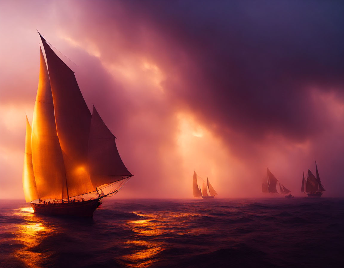 Sailboats on tumultuous waters under dramatic purple sky