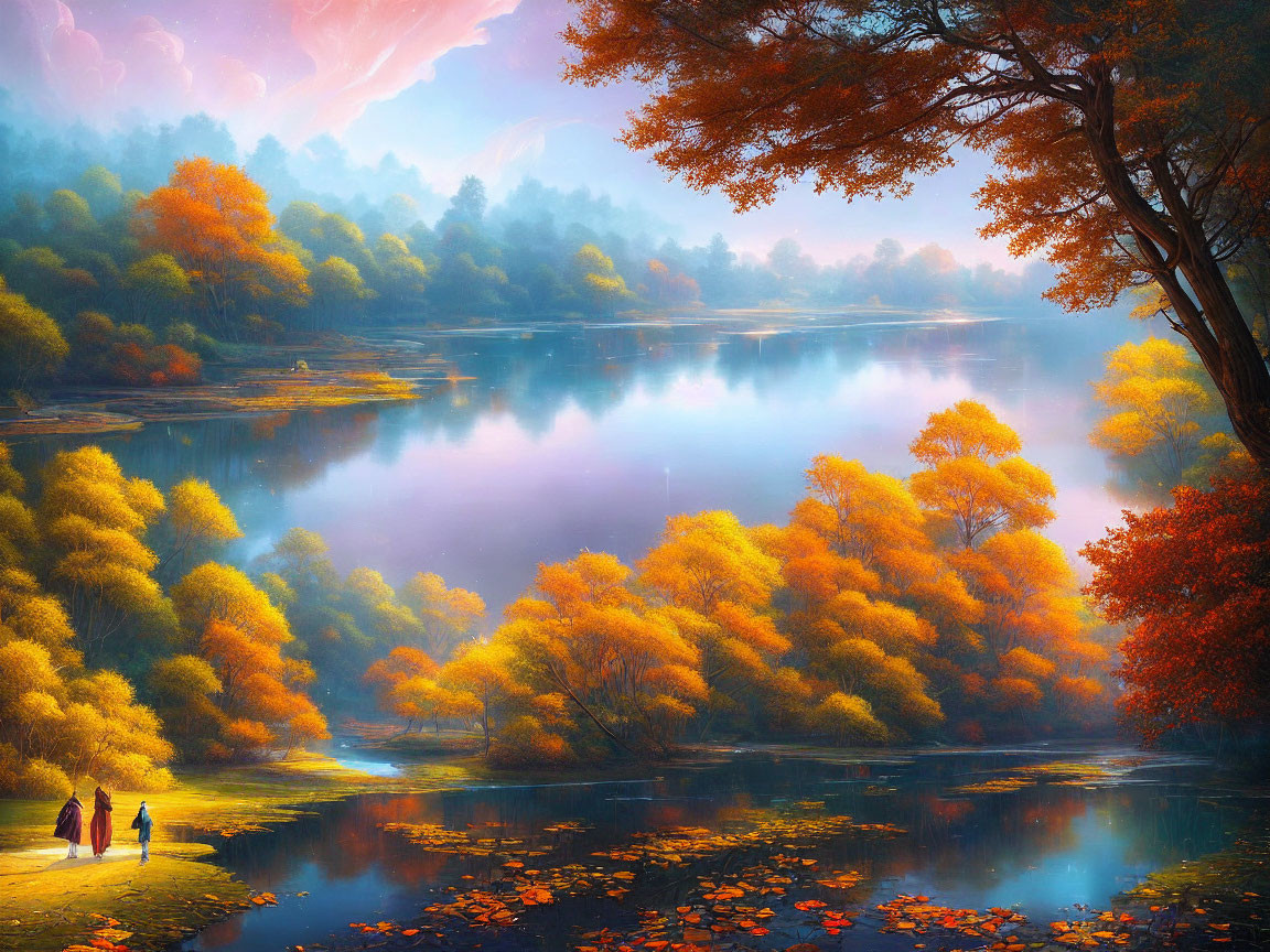 Autumn scene: Two people near serene lake with colorful trees and pink sky