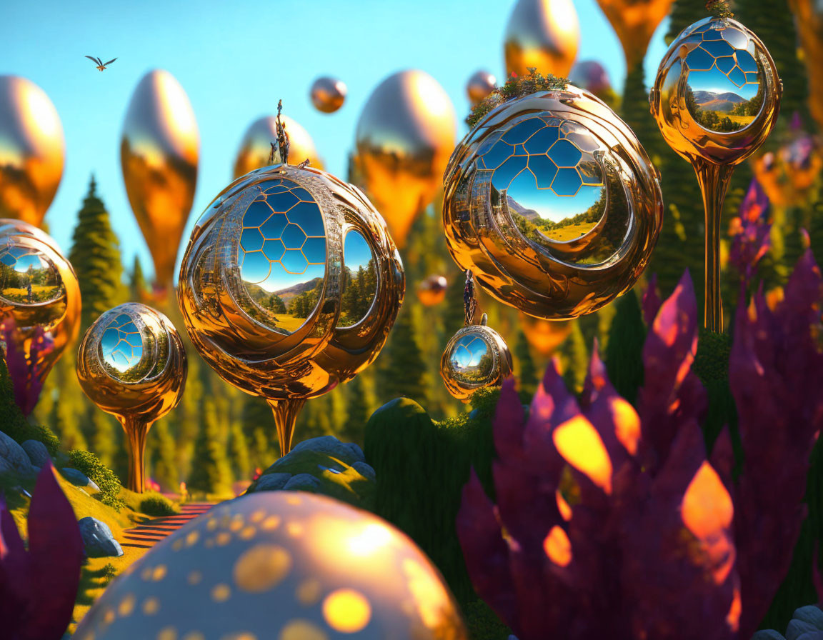 Fantastical landscape with golden spheres and colorful flora