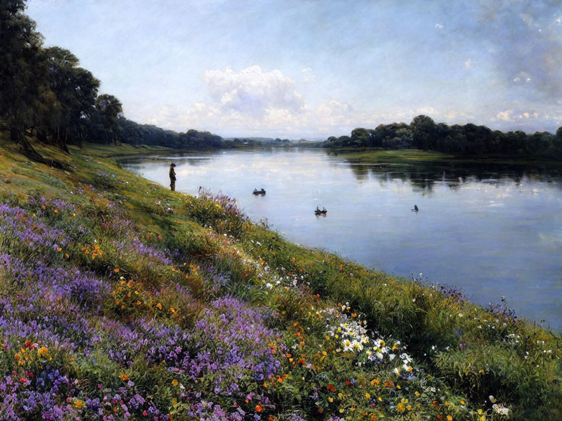 Tranquil river scene with ducks, figure, and flower-covered bank