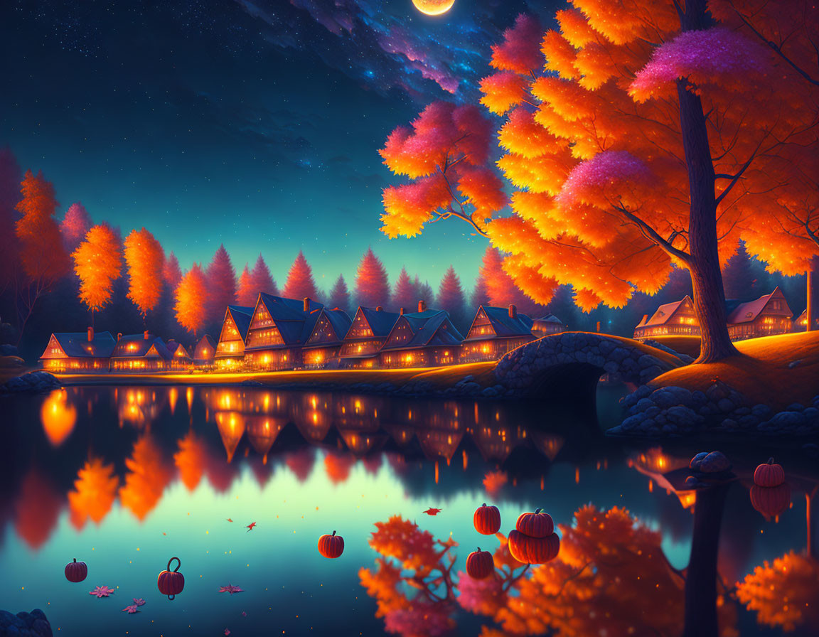 Autumn Night: Orange Forest, Lake Reflection, Cozy Cottages