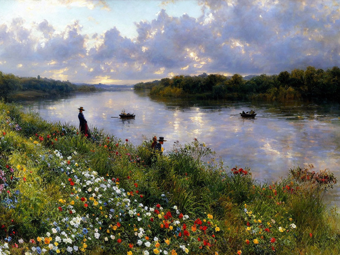 Tranquil river scene with boats, wildflowers, and billowing clouds at dawn or dusk