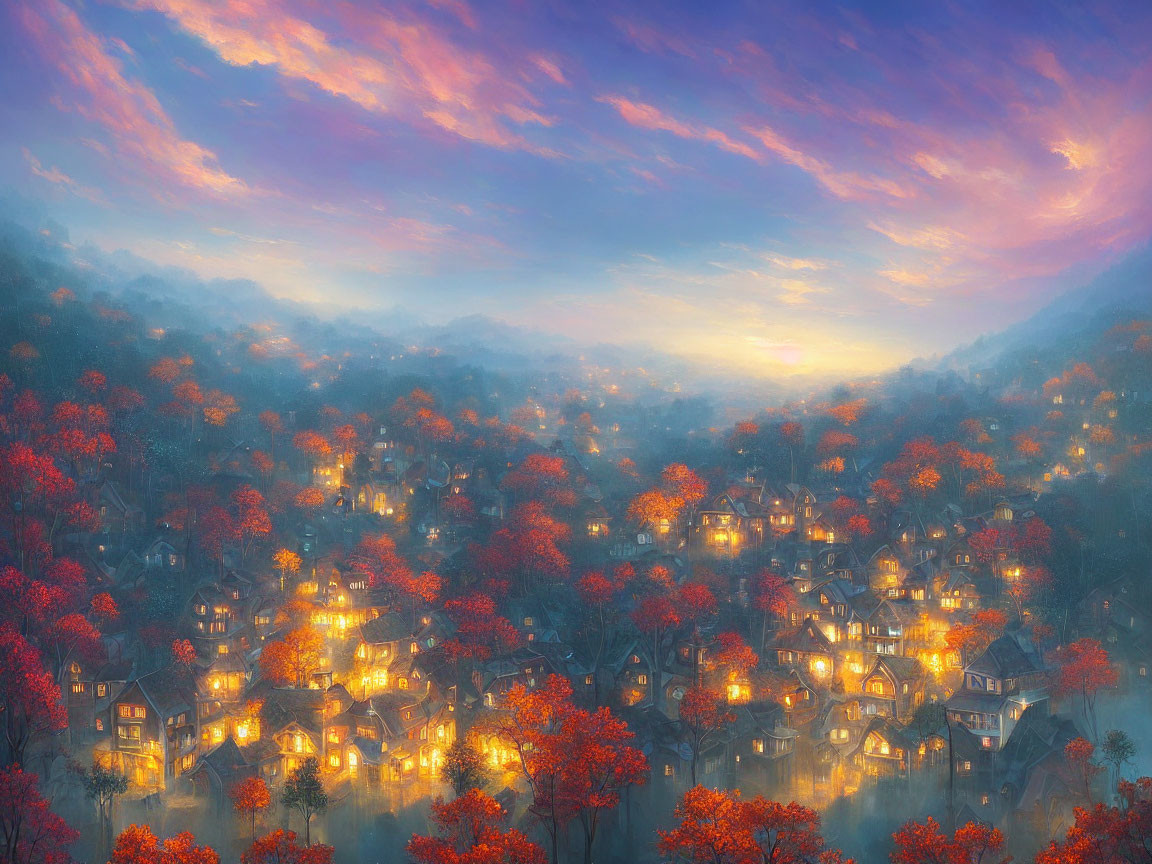 Twilight scene of quaint village nestled among hills and autumn trees under vibrant sky