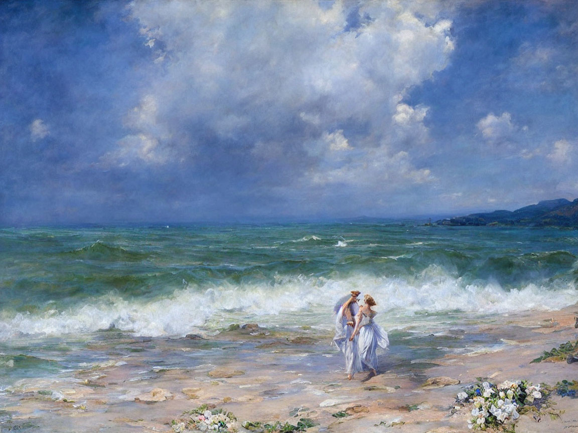 Woman in White Standing by Seashore Amidst Flowers and Dynamic Sky