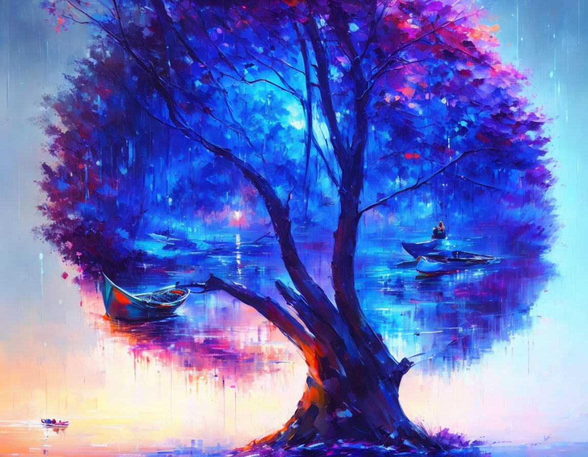 Colorful painting of tree, boats, and person by reflective water.